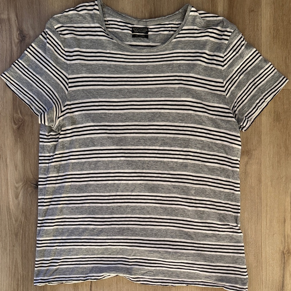 All Saints Gray and White Striped Tee 100% cotton